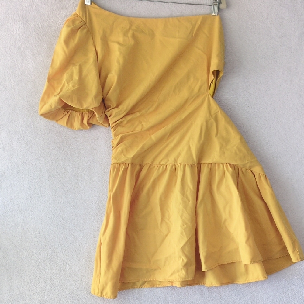 SHEIN Womens Yellow Ruched Cutout‎ One Sleeve Dress Size XL